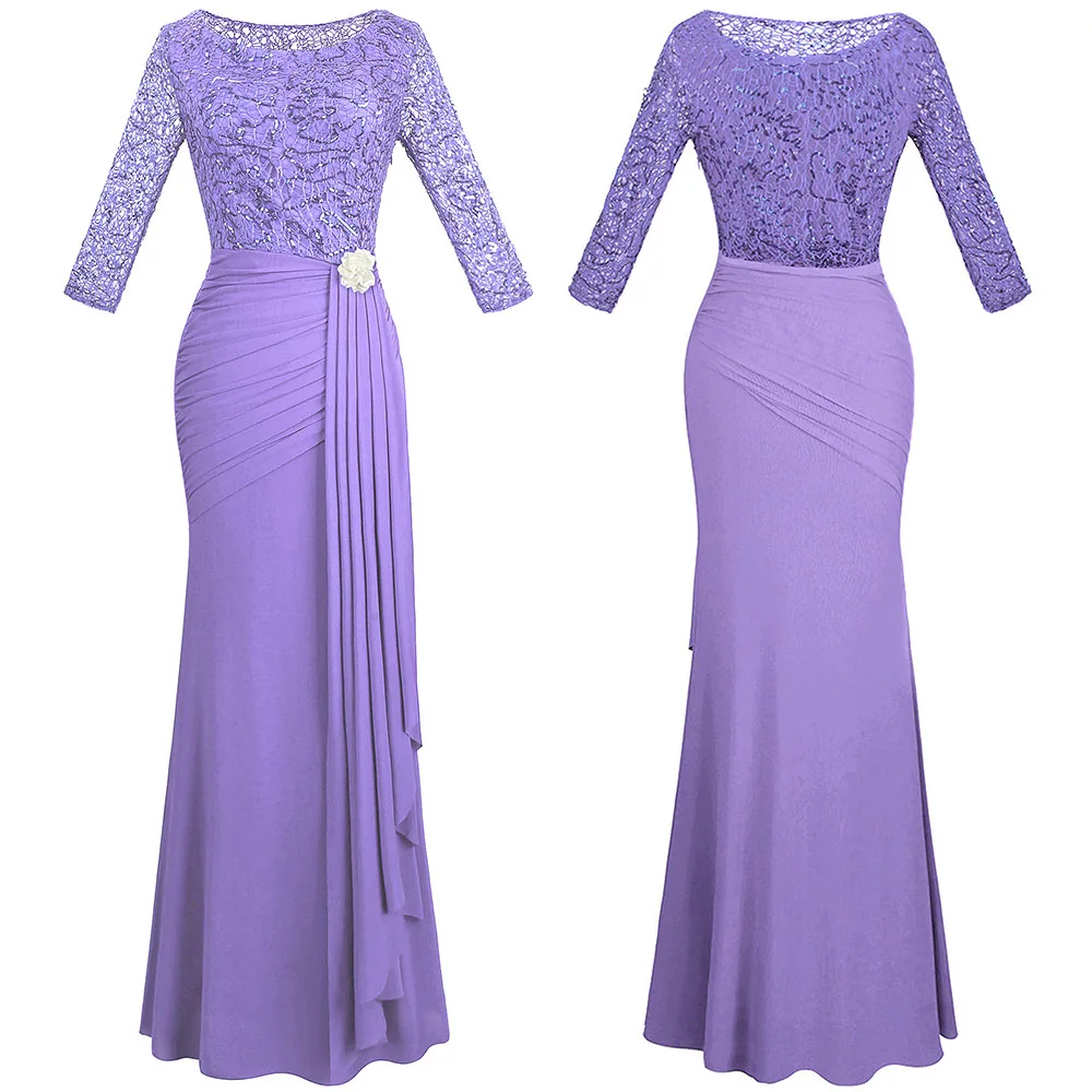 Angel-Fashion, женские вечерние платья, асимметричная горловина, длинный рукав, Ретро стиль, блестки, цветы, robe de soiree 396 356 - Цвет: Light purple 356