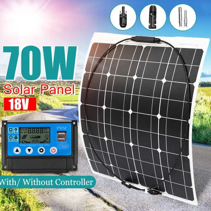 

70W 18V Semi-Flexible Solar Panel + 10/20/30/40/50A PWM Regulator Controller 70W Flexible Panel Solar Car/Boat Battery Charger