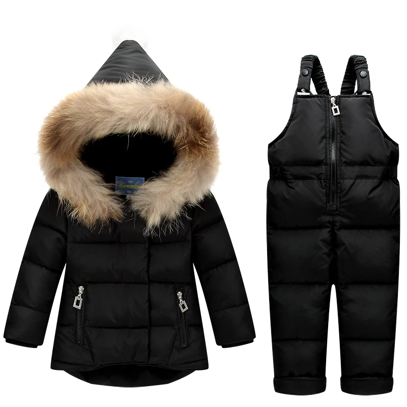 

2018 Winter Warm Baby Boys Girls snowsuit Children Duck Down coats jacket with fur hood Thick kids snow suit clothes set