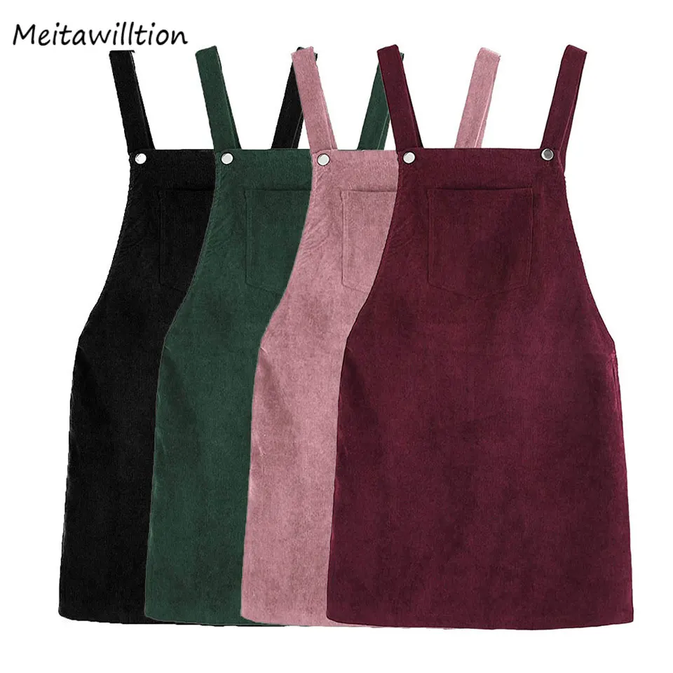 

2019 Autumn Women Corduroy Dress Ladies Casual Suspender Sarafan Overall Dresses Female Loose Vest Button Pinafore Mini Dress