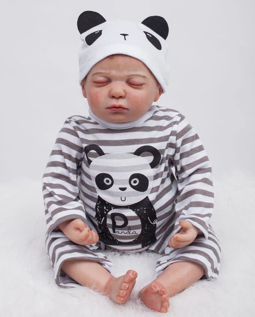22 inch Realisitc Baby Boy Doll Lifelike Newborn Reborn Pacifier Doll Collections in Panda Baby Clothes