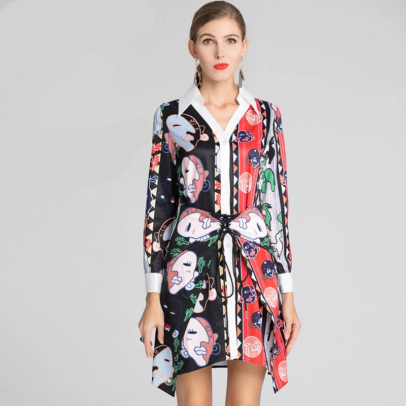 

Red RoosaRosee Fashion Designer Runway Dress Spring Summer Women Long Sleeve Lace-up Print Asymmetrical Mini Dresses Vestidos