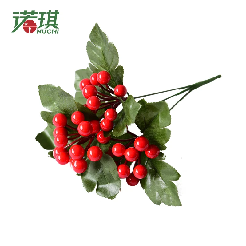 NUCHI 27cm trigeminal Christmas leaf simulation red fruit berry string cutting tree decorations diy accessories | Дом и сад