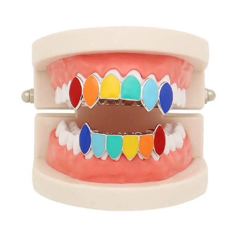 Multicolor Rainbow Teeth Grillz Caps Top& Bottom Hip Hop colorful teeth grillz vampire Rapper Men Fashion Jewelry#SS30