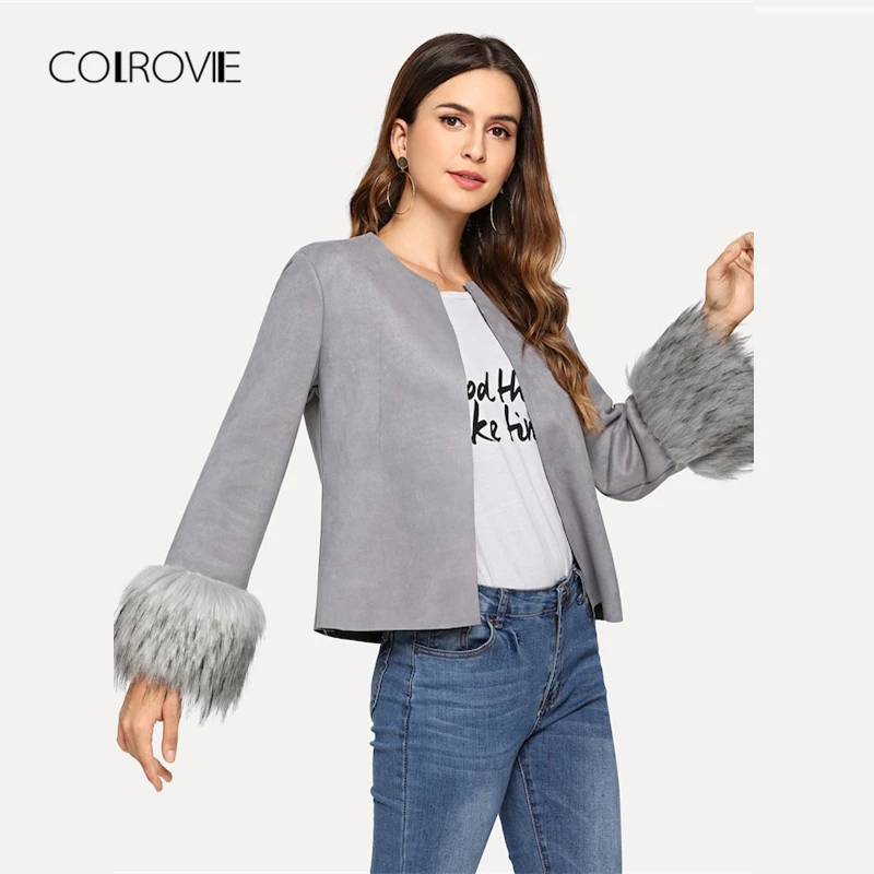 Beste COLROVIE Grey Solid Office Faux Fur Mouwen Winter Su egrave;de Jas Vrouwen Jas 2018 Herfst Elegante Mode Dames Bovenkleding amp; Jassen