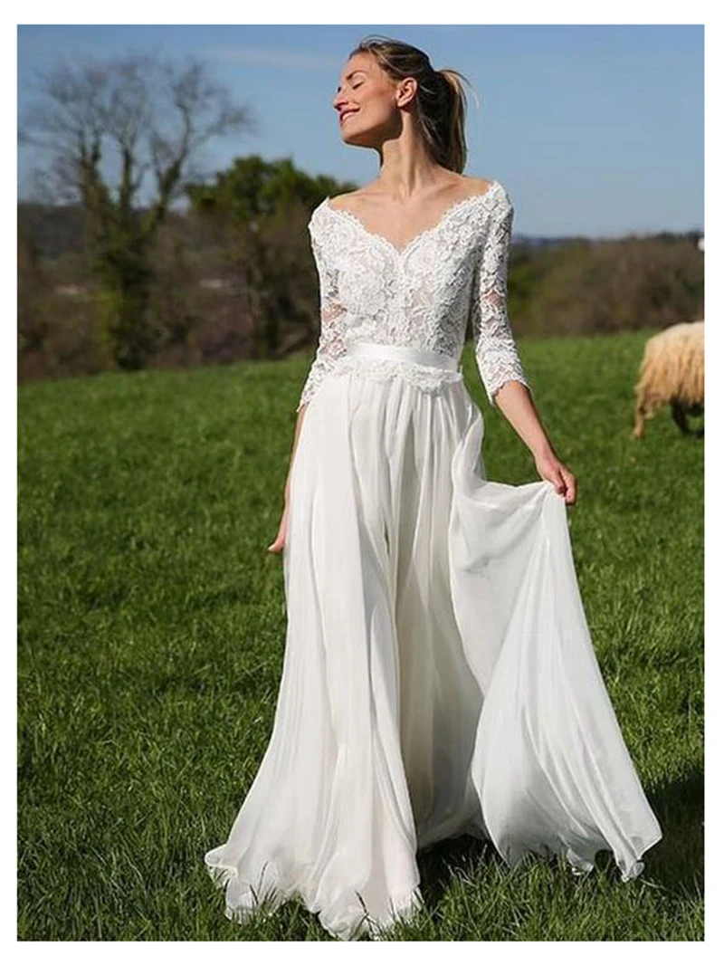 

SOFUGE Three Quarter Sleeves Wedding Dress 2019 Backless Appliques Lace Elegant A Line Tulle Vintage Bride Dresses Wedding Gown