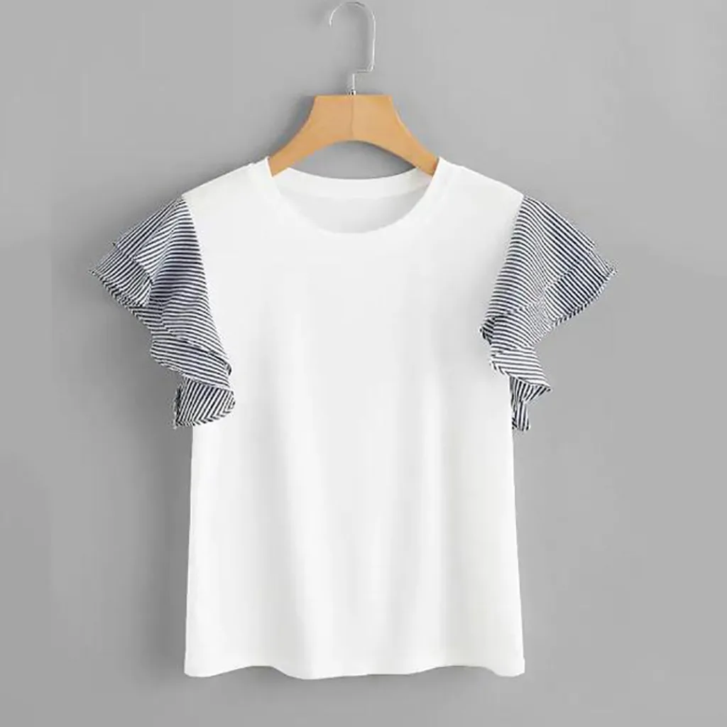 

Women's T-Shirts Top Short Solid Color T-Shirt Top Striped Sleeve de camiseta para mujer Dames T-shirt top