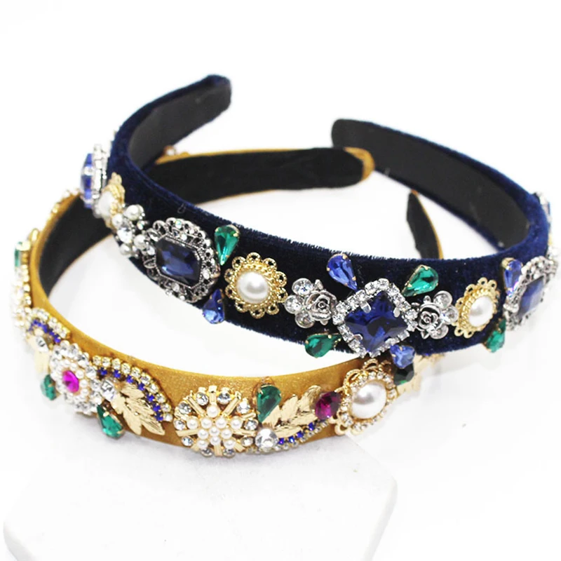 

Vintage Baroque Crystal Flower Crown Wide Headband Hairband Wedding Bridal Hair Accessories Velvet Headdress Pearl Jewelry Gift