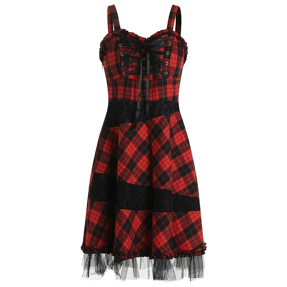 20180women O Neck Red Tartan Checks Plaid Dress Retro Vintage 50s 60s Pin Up Rockabilly Swing Dresses