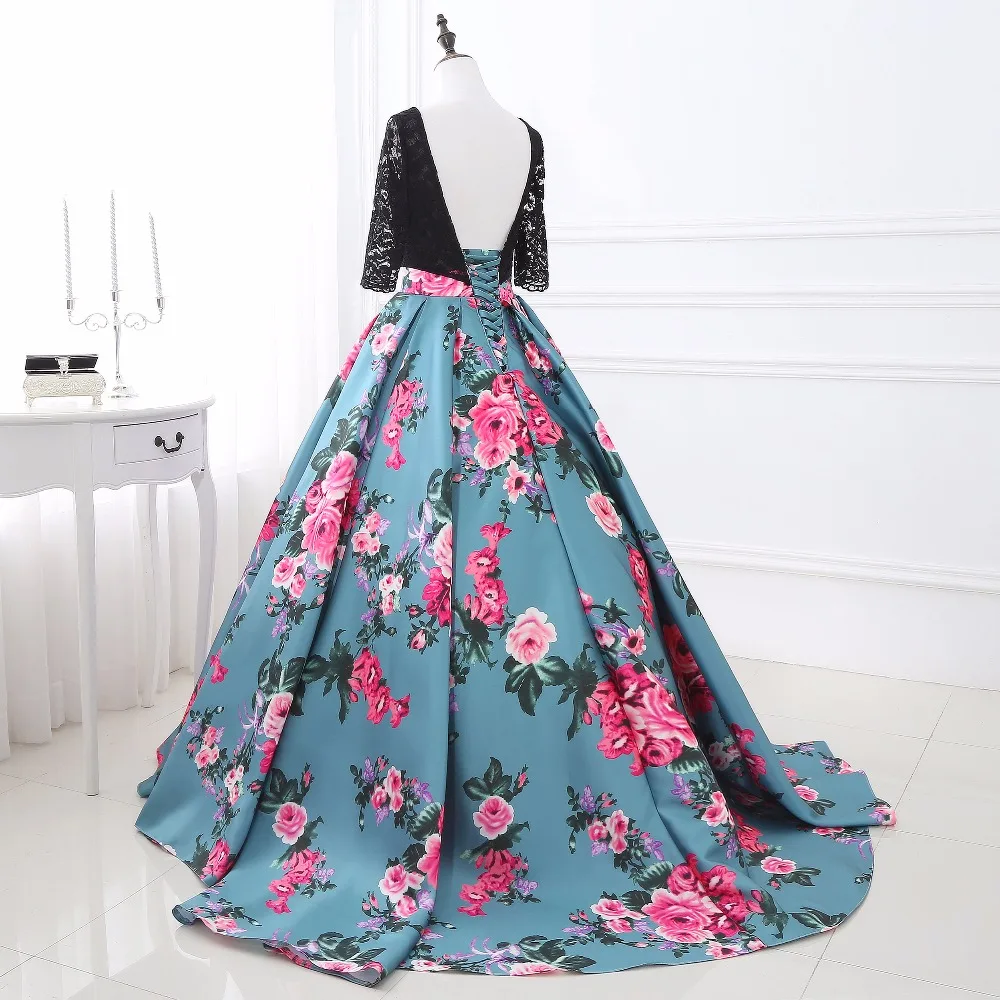 satin floral prom dress