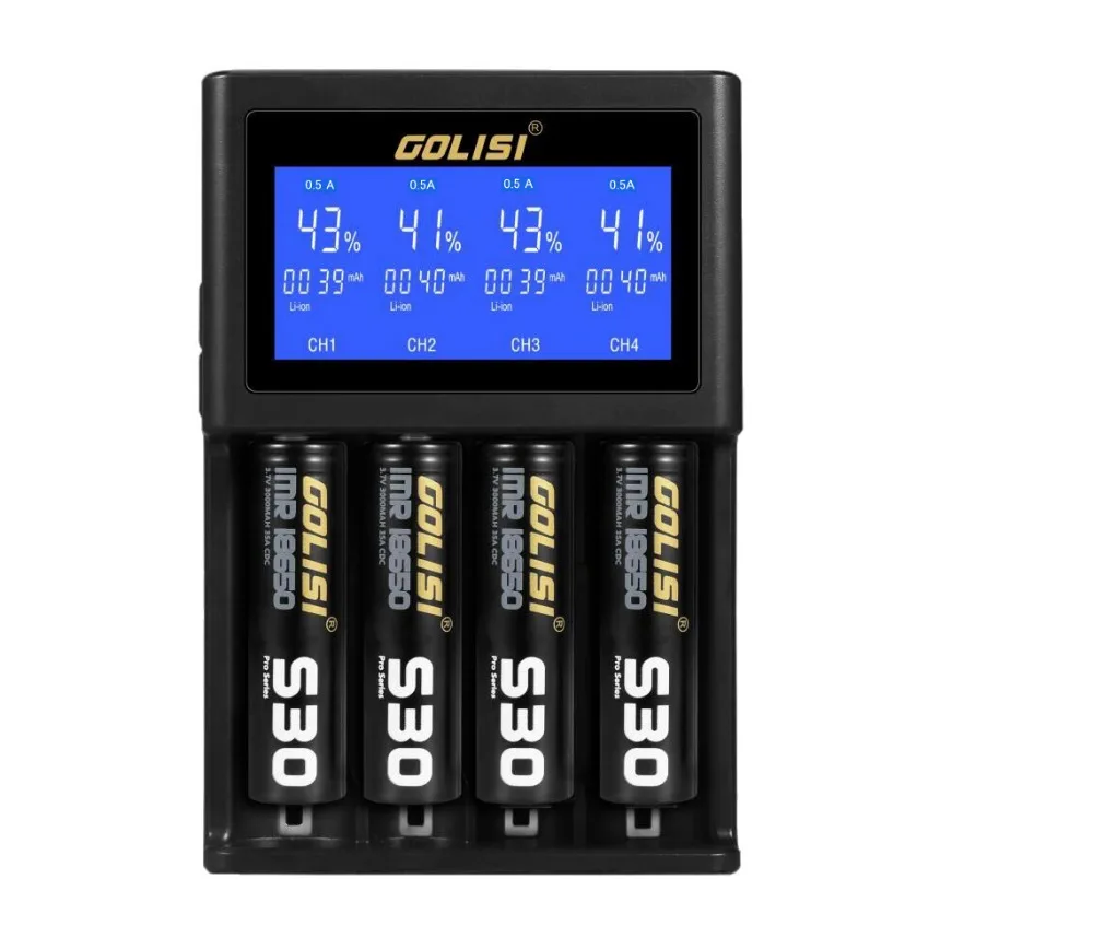 GOLISI S4 2A быстрая зарядка четыре слота Li Ion 18650 21700 26650 / Ni mh cd /aaa/ aa AC 110 240 В 50/60 Гц DC 12 В/1
