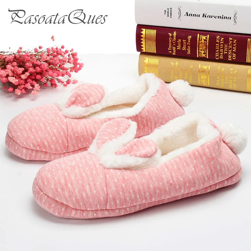 Cute Rabbit Home Slippers Women House Shoes Warm Winter Flats For Girls