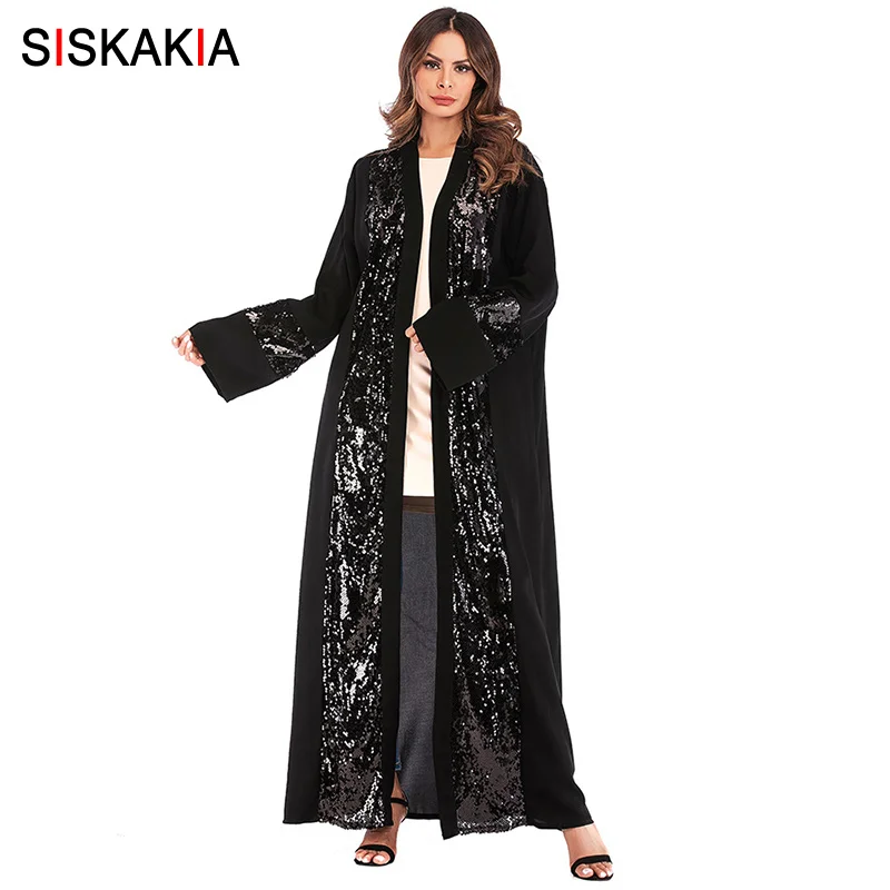 

Siskakia Fashion Sequins Patchwork Women Abaya Spring 2019 New Arrival Muslim Cardigan Tunics Black Ramadan Clothes Slim Sash