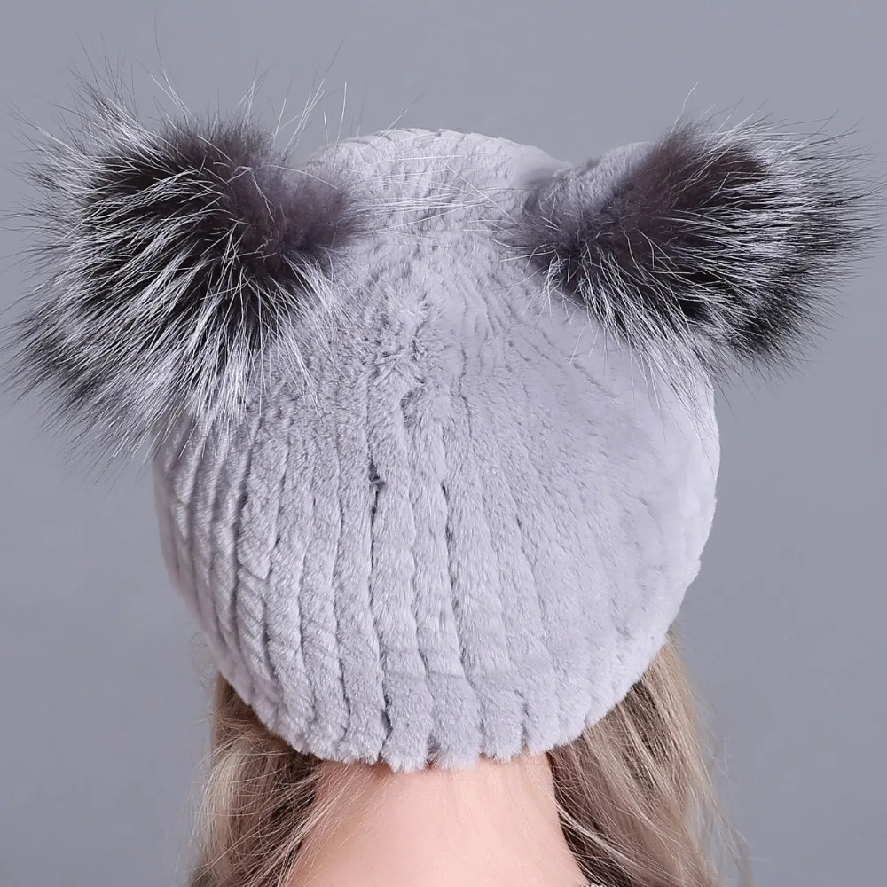 Натуральный мех кролика Шапки для Для женщин милый кот уха Толстая зимняя шапка женская мода меха со стразами вязаные шапочки