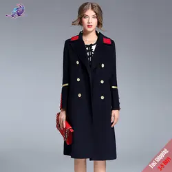 Новый высокое качество осень-зима Модные Дизайнерские Пальто Для женщин с длинным рукавом темно-синий двубортный шерстяное длинное пальто