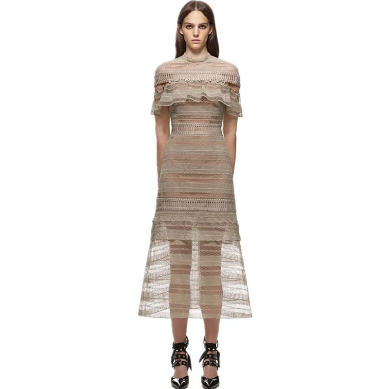 

2019 Autumn Self-portirait Cloak Sleeve Ruffles Women Dress Robe Femme Elegant Hollow Out Runway Lace Dress Long Boho Maxi Dress