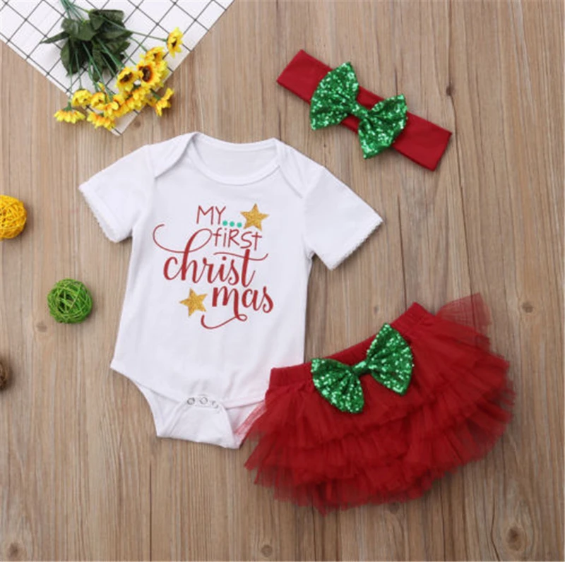 My 1st Christmas Baby Girl Xmas Gifts Costume Clothes 3Pcs Set Toddler Kids Girls Lace Tutu Romper Bodysuit Shorts Outfits Set