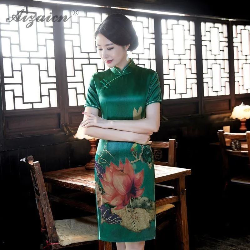 Cheongsam модерано тонкий Fit vestido Qipao Чино 2019 vestido de seda chino tradicional vestidos Винтаж Верде Восточный Qi Pao