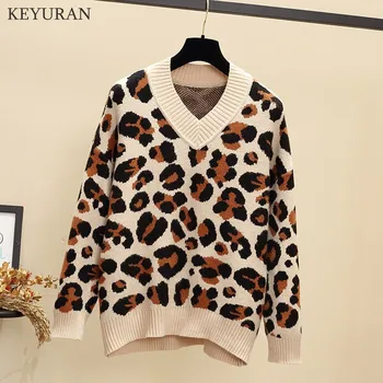 

Plus Size Women Pullovers New Fashion Fall Winter Print Leopard Knitted Long Sleeve Jumpers Casual Loose V Neck Sweater