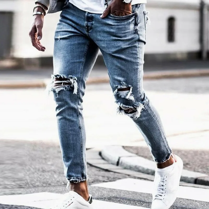 Billige Neue Dünne Jeans männer Streetwear Zerstört Zerrissene Jeans Homme Hüfte Hop Gebrochen modis männlichen Bleistift Biker Stickerei Patch Hosen