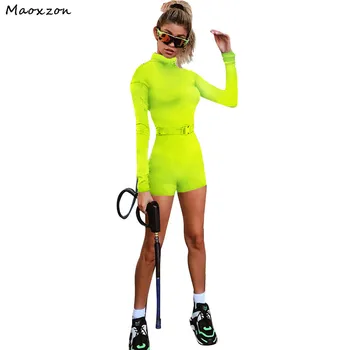 

Maoxzon Women Sexy Club Slim Bodycon Playsuits Rompers One Piece Shorts For Ladies Fitness Long Sleeve Short Jumpsuits With Belt