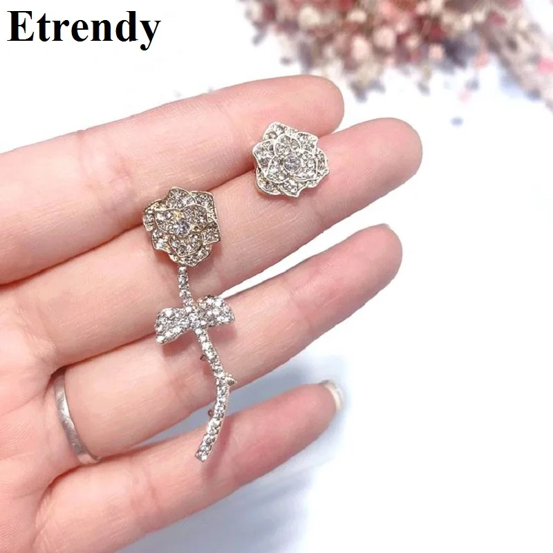 

Rhinestone Rose Flower Earrings For Women 925 Sterling Silver Needle Drop Dangle Earrings Fashion Jewelry Wholesale Love Gift