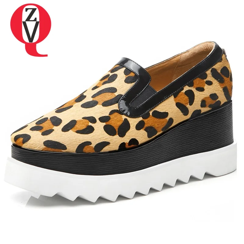 

ZVQ women platform wedges high heels shoes real leather horsehair upper square toe punk shoes women's slip on spring new shoes