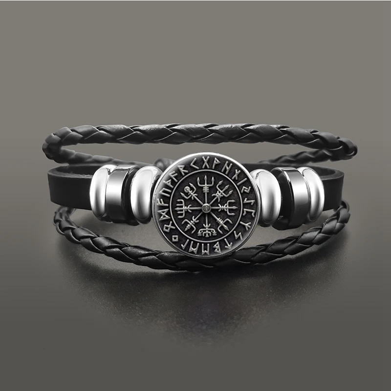 Viking Compass Multilayer Beads Snap Button Bracelet Men Fashion Braided Leather Bracelets Bangles Retro Punk Wrap Wristband