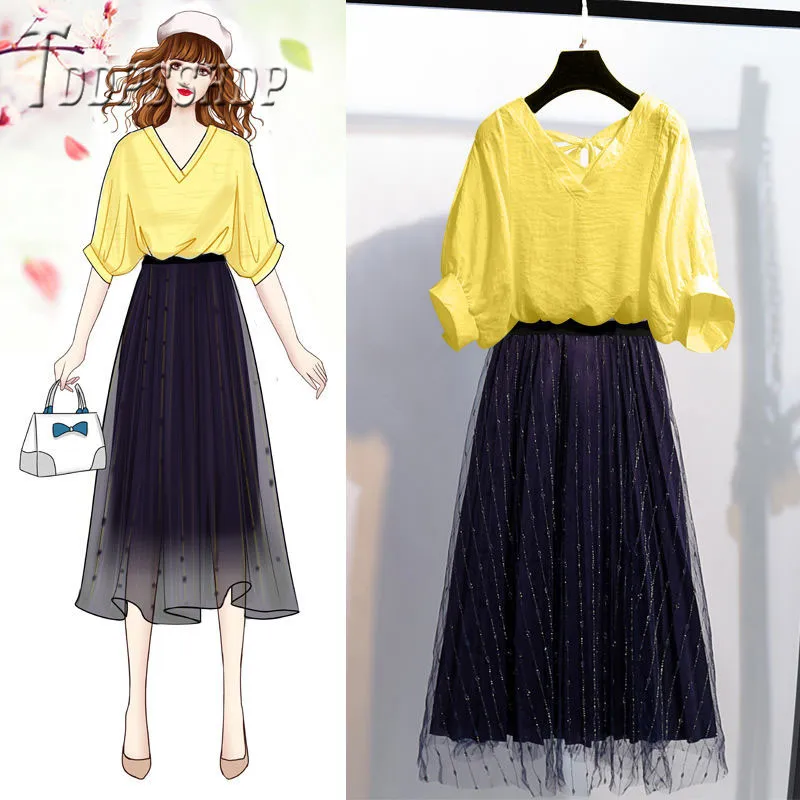 

2019 Spring Summer Women Sets Wrinkle Style Blouse and Navy Blue Skirts Female Sets