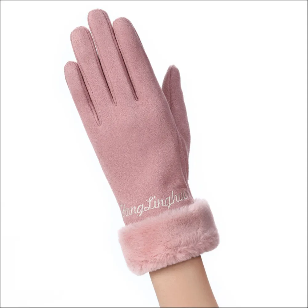Женские зимние уличные перчатки из замшевой ткани, теплые перчатки для сенсорного экрана, повседневные модные однотонные мягкие перчатки черного цвета для женщин
