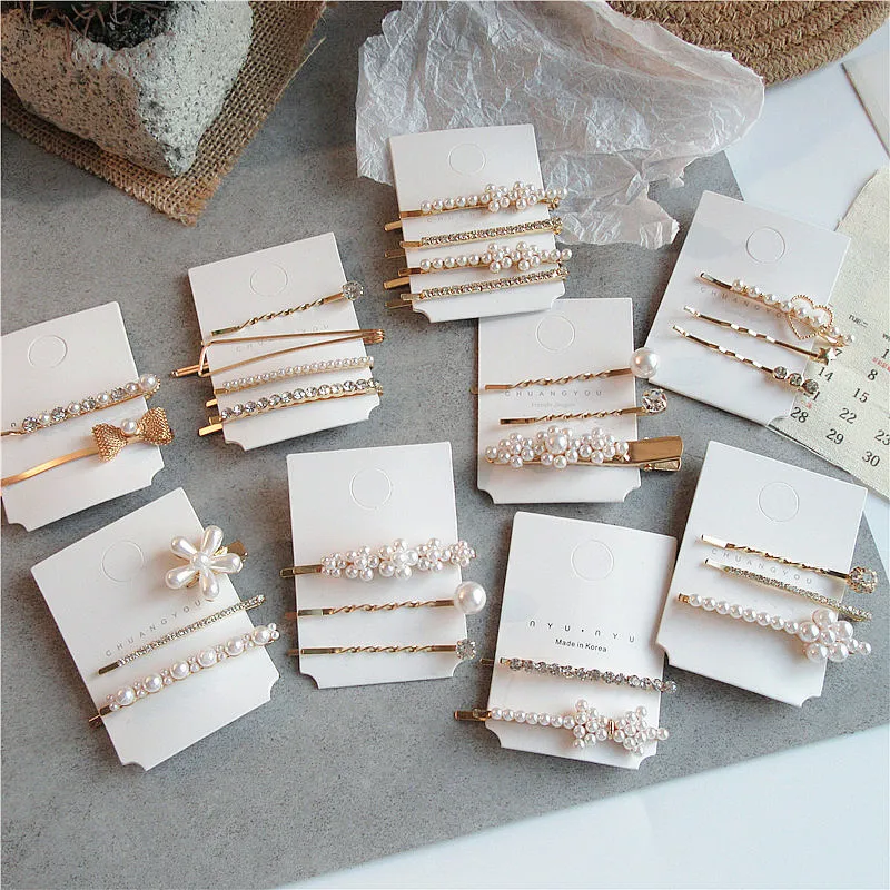 

Korean Sweet Girl Simple Fashion Imitation Pearl Flower Hairpins Combination Female Temperament Rhinestones Hair Accessories Set