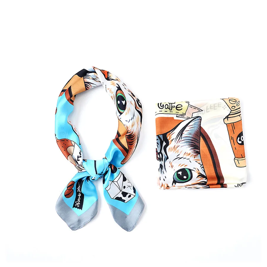 

Cute Cat Scarf 2018 New Cartoon Printing Small Square Scarf Female Wild Headband Scarf 70*70cm Professional Silk Scarf