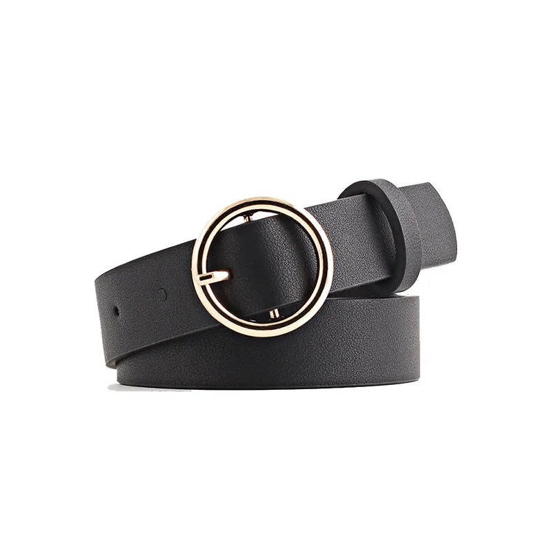Harajuku PU Leather Waist Belt Women Round Metal Buckle Trendy Brand Black Off White Designer