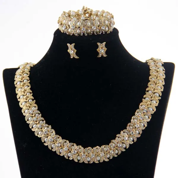 

Chran Fashion Indian Style Imitation Pearl Bridal Jewelry Set Wholesale Gold Color Crystal Wedding Jewelry Set for Women Party