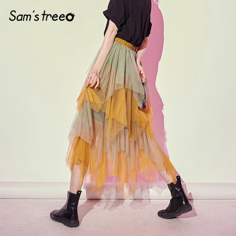 

Samstree Gold Green Patchwork Mesh High Waist Asymmetri Urban Gypsy Women Skirt 2019 Summer Layered Casual Office Ladies Skirts