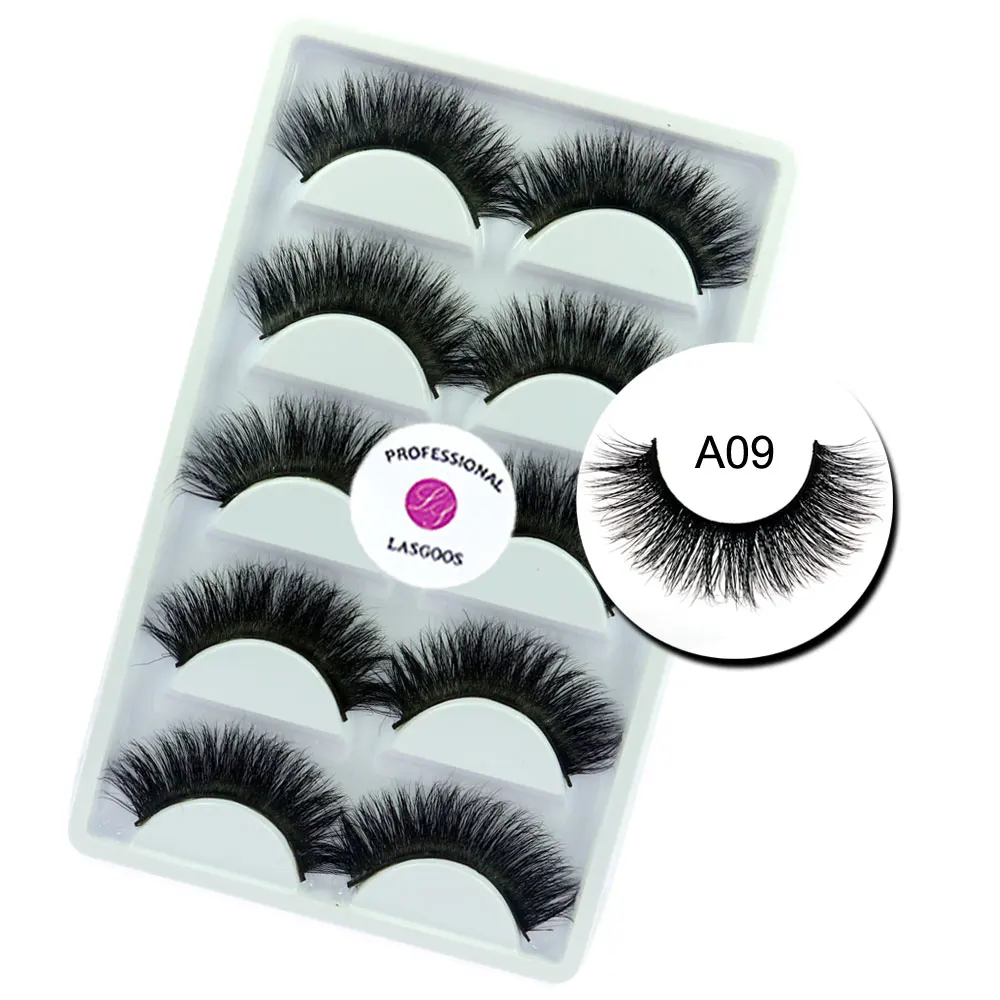 

LASGOOS 5 Pairs 100% Real Mink Siberian 3D Messy Thick 15mm Long Party False Eyelashes Wedding Eye Extension Lashes Makeup A09