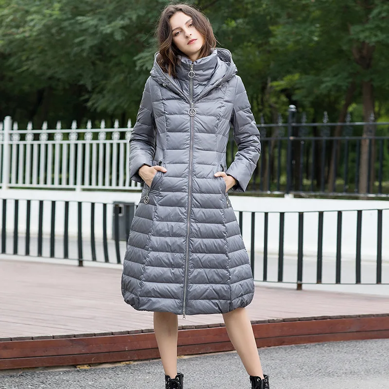 Elegant Thicken Winter Warm Zipper Parkas 90% White Duck Down Coats Women Overcoats OL Ladies Hooded Long Outerwear Waterproof
