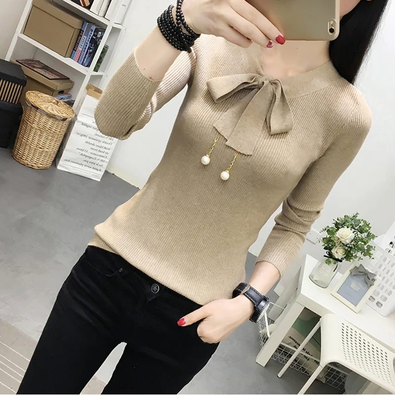 Winter Tops For Women 2018 New Bow Beading Lace Up  Knitted Sweater Women Sweaters And Pullovers High Elasticity Woman Sweaters
