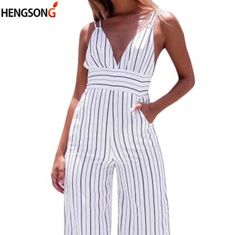 2018 Summer Women Striped Jumpsuit Sleeveless Strap Lady