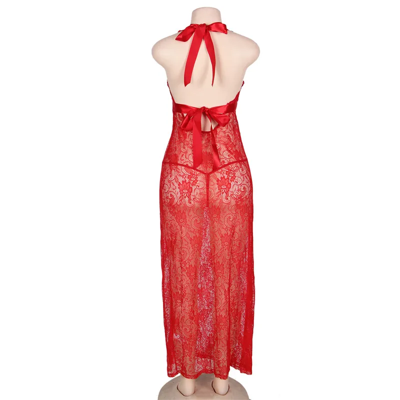 Comeondear 5XL Vestido De Noite красные свадебные кружевные ночные рубашки с лямкой на шее с разрезом по бокам, сексуальные ночные рубашки для дам, Длинные пижамы RB80337