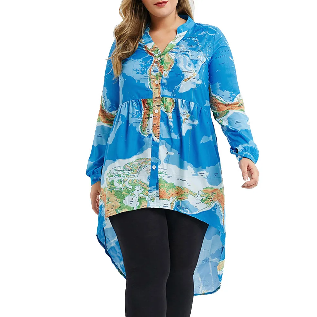 Женская Туника большого размера с принтом «Карта мира», осенняя блузка с длинными рукавами, v-образным вырезом, женская одежда больших размеров, blusas mujer de moda#50