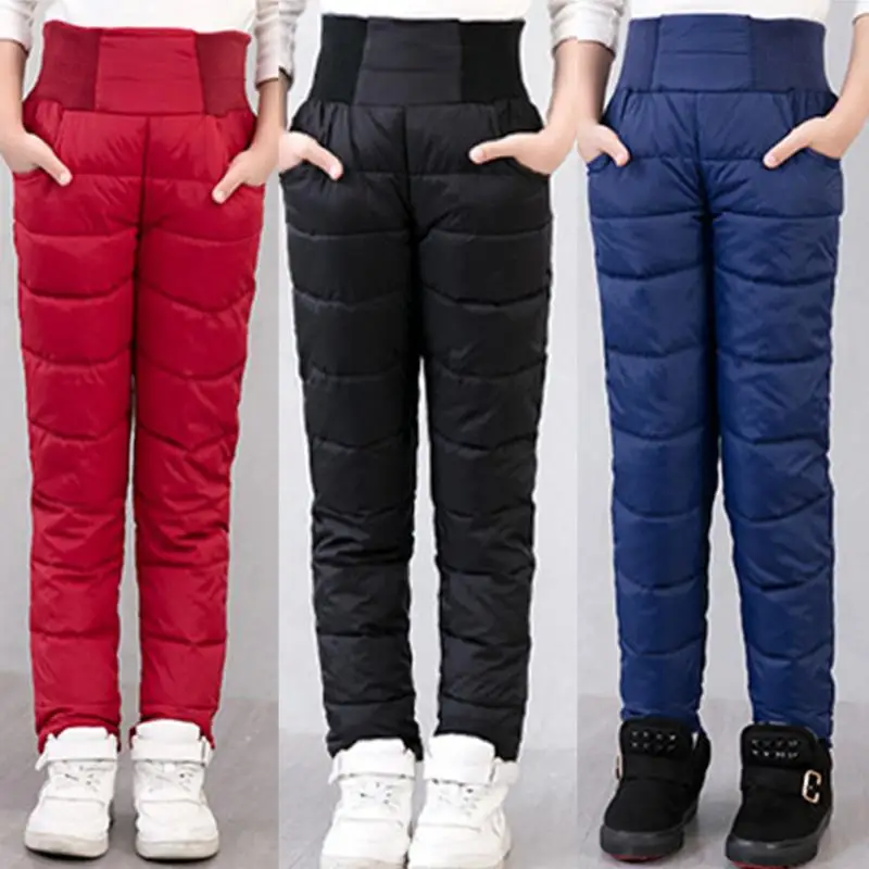 Зимние штаны для мальчиков и девочек плотные теплые брюки с хлопковой подкладкой водонепроницаемые лыжные штаны эластичные детские брюки с высокой талией