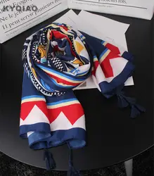 KYQIAO женские синие шеи шарф 2019 зимние шарфы для дам Осень-весна Испания Стиль длинный синий шарф с геометрическим рисунком