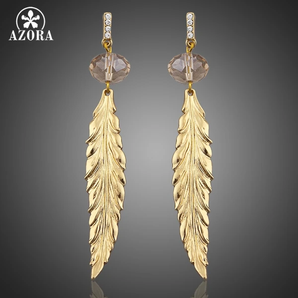 

AZORA Sparkling Leaf Drop Gold Color Stellux Austrian Crystal Dangling Earrings TE0035