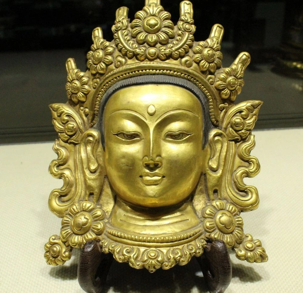 

7" Tibet Buddhism Temple Bronze 24K Gold Kwan-Yin Guanyin Buddha Head Statue