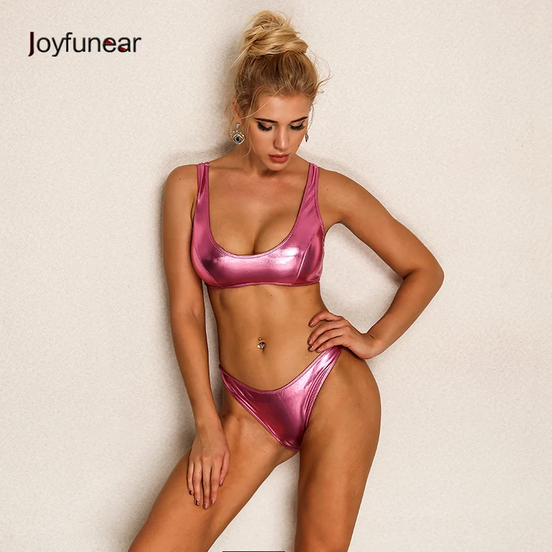 

Joyfunear Happy Summer Holiday Beach Suit Women Two Piece Set Cropped Top And Shorts Bath Set Glossy Material Sexy Women Set