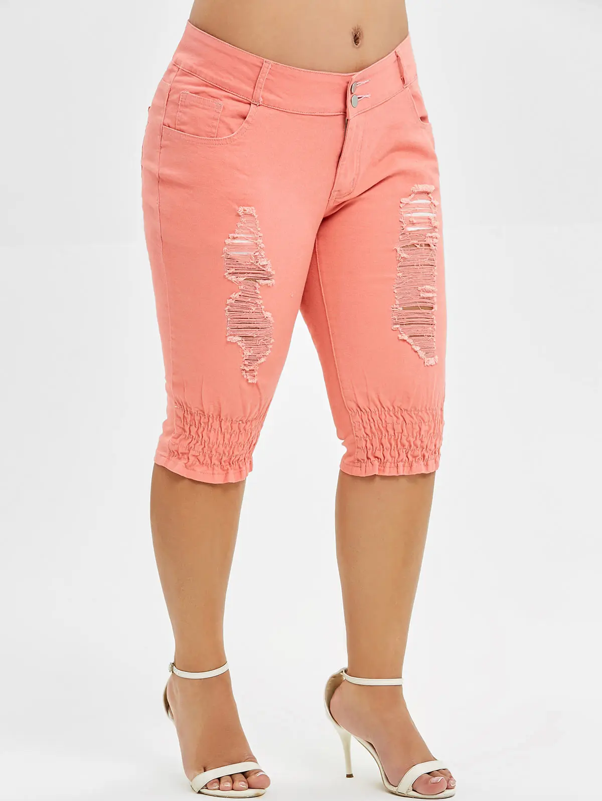 

ROSEGAL Women Plus Size 5XL Distressed Knee Length Jeans Mid Waist Pocket Ripped Casual Solid Denim Pants Ladies Summer Trouser