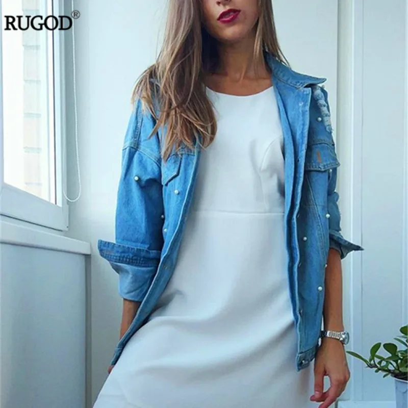 RUGOD 2018 Spring Pearls Beading Ripped Denim Jacket Women Vintage Single Breasted Long Sleeve Jean Jackets and Coats Plus Size