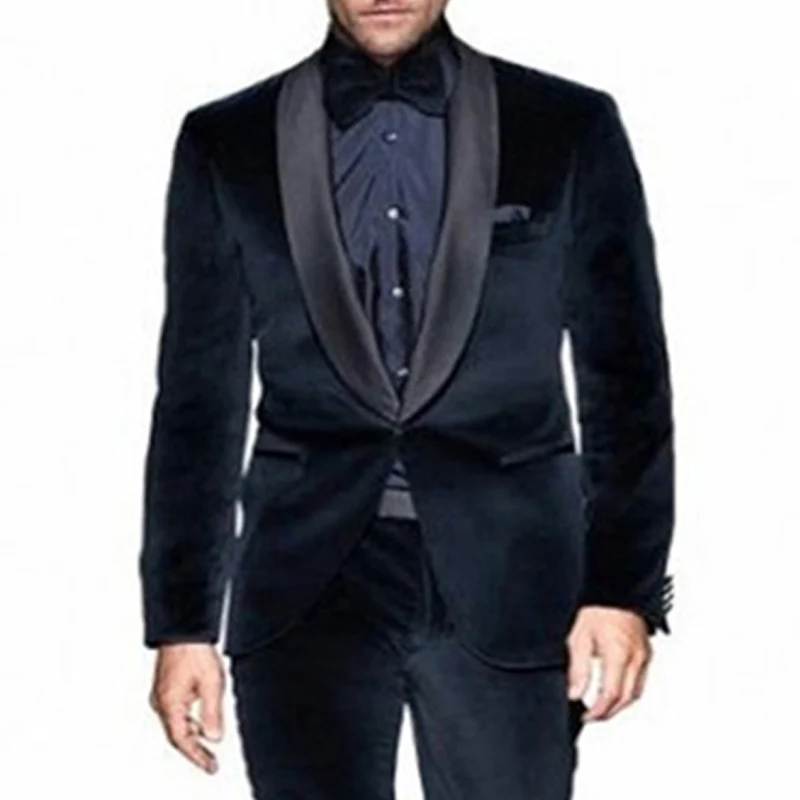 Deux-Pi-ces-Bleu-Marine-Velours-Hommes-Costumes-pour-les-V-tements-De-Mariage-noir-Ch