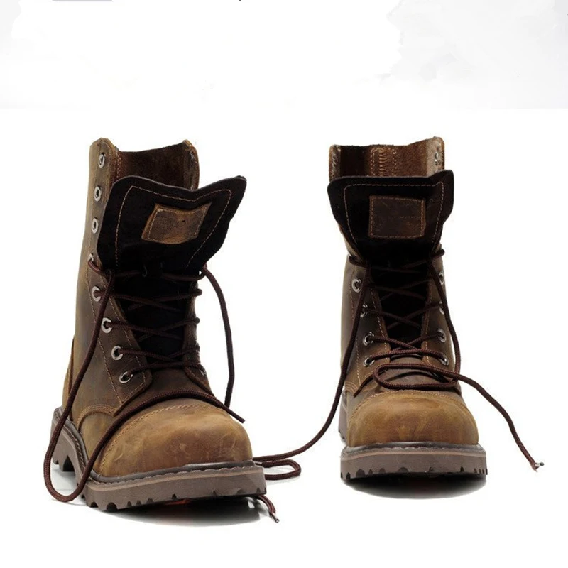 Genuine Leather Men's Round Toe Lace Up Mid-Calf Work Safety Ridding Boots Man Winter Outdoor Motorcycle Shoes safety shoes men shoes